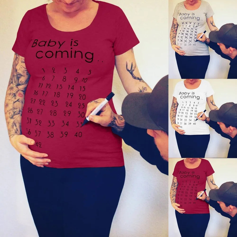 Baby Is Coming Print T-Shirt Women Maternity Clothing Pregnant Short T Shirt Funny Top for Photography Photo Shoot Plus Size