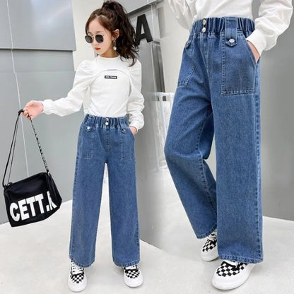 2023 Big Teens Girl Wide Leg Jeans Kids Girls Denim Pants Children Outwear Long Trousers Girl Clothing Fall Spring 4-12Years