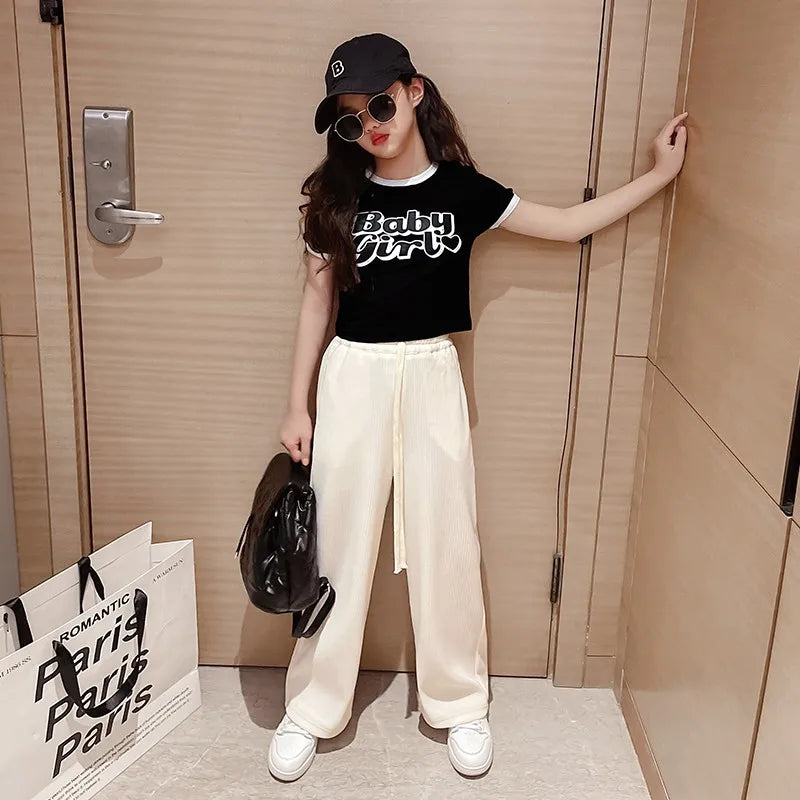 Summer New Fashion Teen Girls Clothing Sets Children Letter Tops + Wide Leg Pants 2Pcs Outfits Kids Tracksuit 4 6 8 10 12 Years