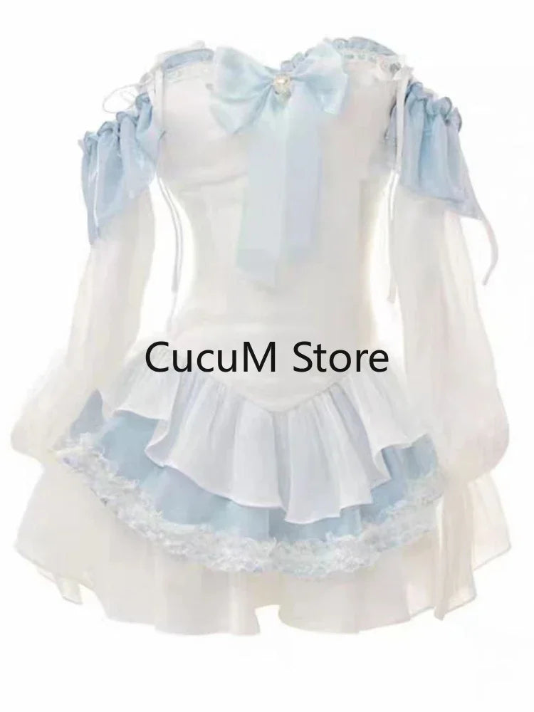 2024 Summer Blue Lolita Clothing Suit Slim Vest + Kawaii Y2k Mini Dress Elegant Short Party Dress Japanese Style Fashion Suit