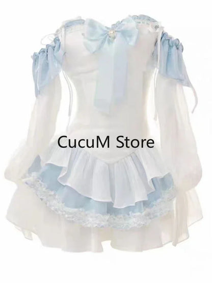 2024 Summer Blue Lolita Clothing Suit Slim Vest + Kawaii Y2k Mini Dress Elegant Short Party Dress Japanese Style Fashion Suit