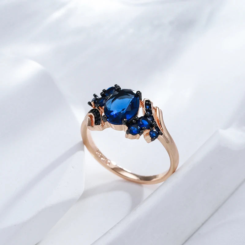 Kinel Hot Luxury Blue Natural Zircon Ring For Women 585 Rose Gold and Black Plating Vintage Wedding Rings Daily Fine Jewelry