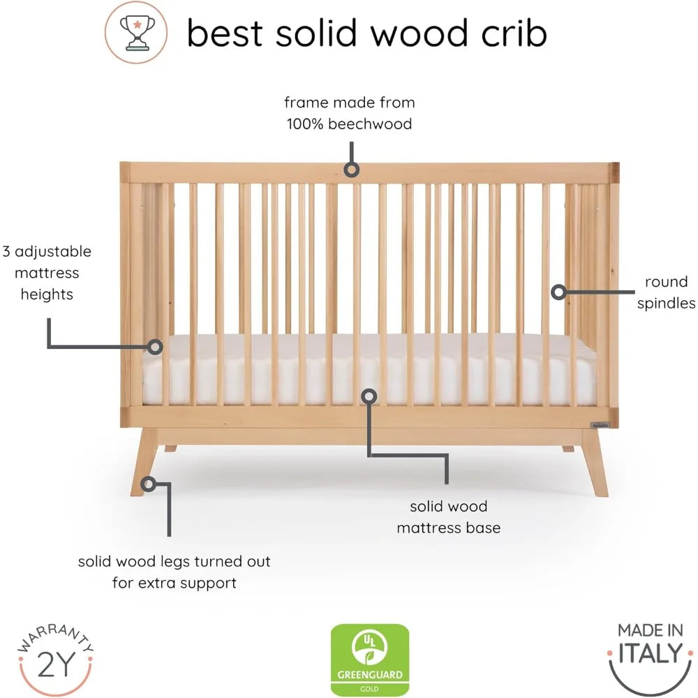 dadada Baby Soho 3-in-1 Convertible Crib to Toddler Bed – Wooden Crib Made in Italy, GREENGUARD Gold Certified Small Baby Crib