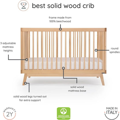 dadada Baby Soho 3-in-1 Convertible Crib to Toddler Bed – Wooden Crib Made in Italy, GREENGUARD Gold Certified Small Baby Crib