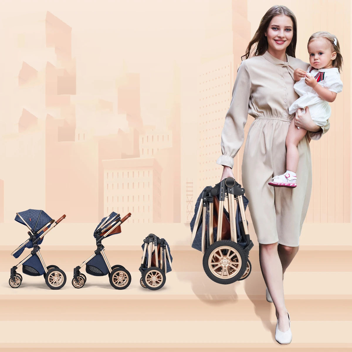 Luxury Baby Stroller 3 in 1 High Landscape Baby Cart Can Sit Can Lie Portable Pushchair Baby Cradel Infant Carrier