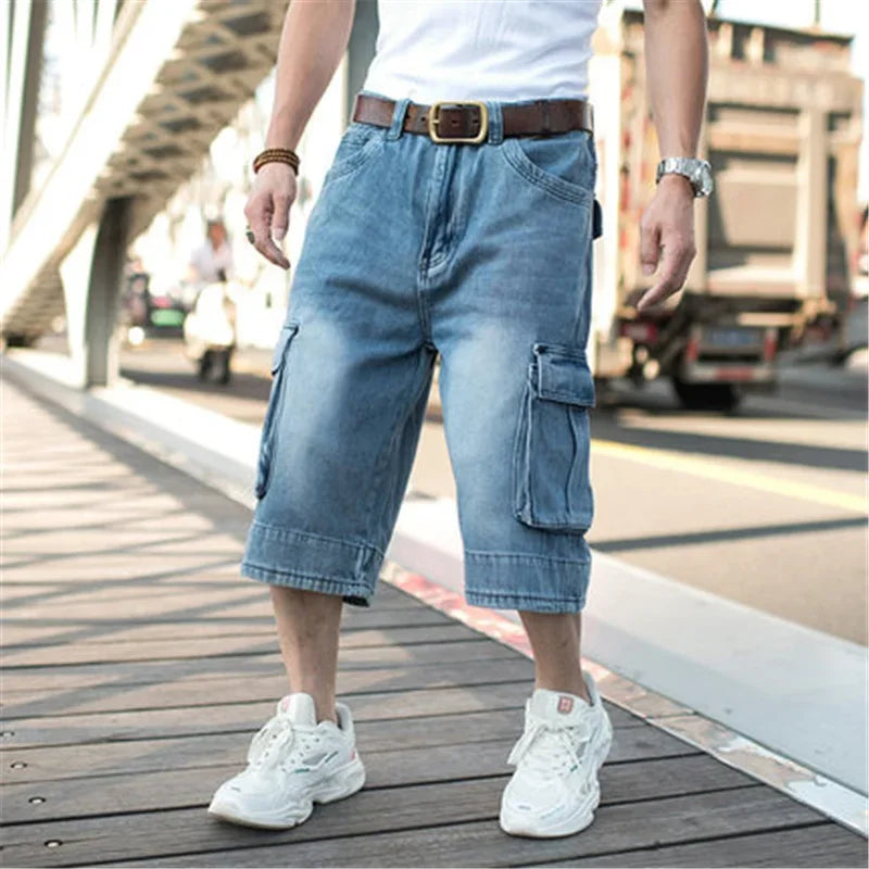 Oversized Curly Cropped Trousers Men Hip Hop Jeans Baggy Cargo Denim Shorts Plus Size Cowboy Men's Bottoms