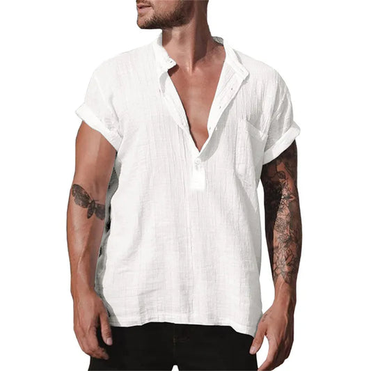 Summer Short Sleeve Formal Shirt Male Elegant Linen Shirts Blouses Loose White Social Shirts Man Pocket Casual Top Men Clothing