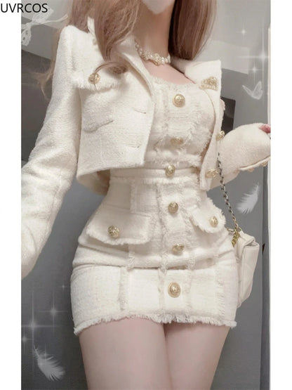 Korean Style Elegant Vintage Two Piece Set Women Sweet Woolen Short Jackets Tassel Design Mini Dress Suit Female Fashion Outfitn