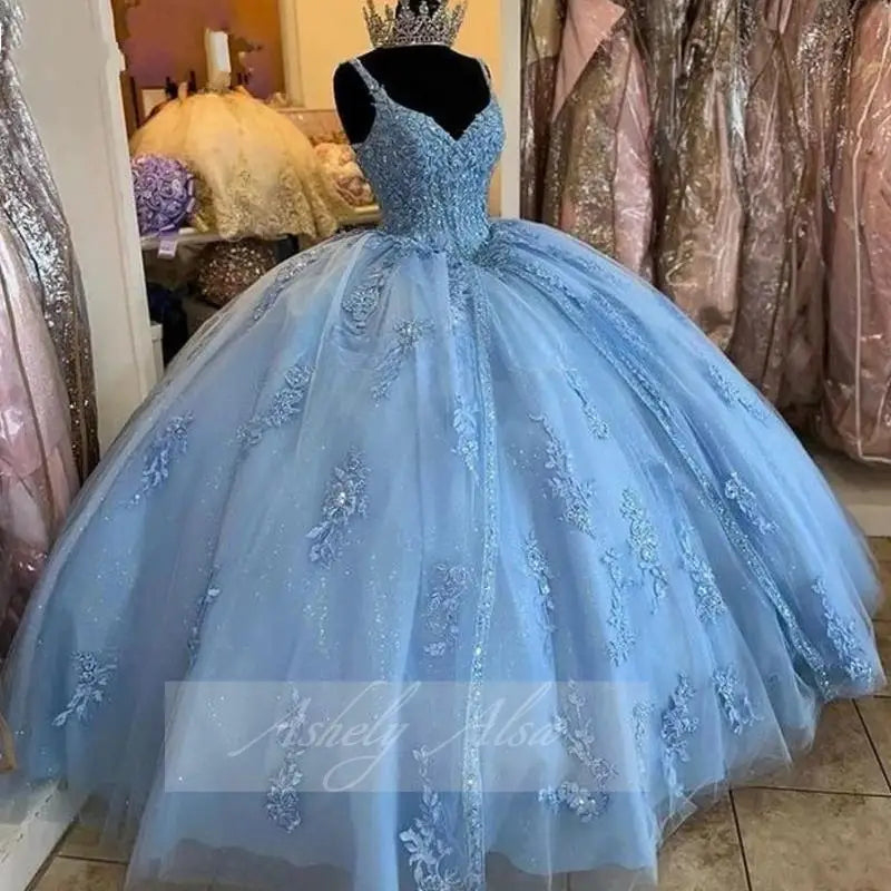 Charming Light Blue Women Prom Special Occasion Dresses V Neck Lace Applique  ballkleider Sweet 16 Birthday Party Quinceanera 15