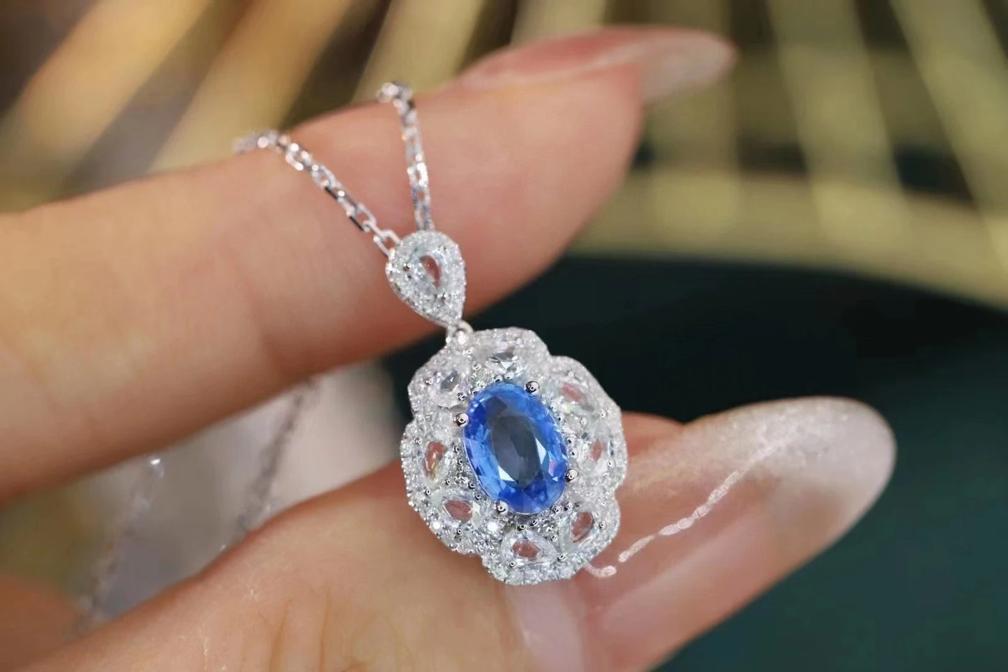 XCL FASHION 18K CARAT SAPPHIRE&DIAMOND PENDANT NECKLACE FINE JEWELRY FOR PARTY WEDDING DAILY WEAR GIFT