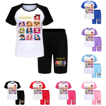 New Rainbow High Boys T-shirt Shorts Sports Suit Teenage Girls Clothing Toddler Kids Summer T Shirt Short Pants Set Child Tops