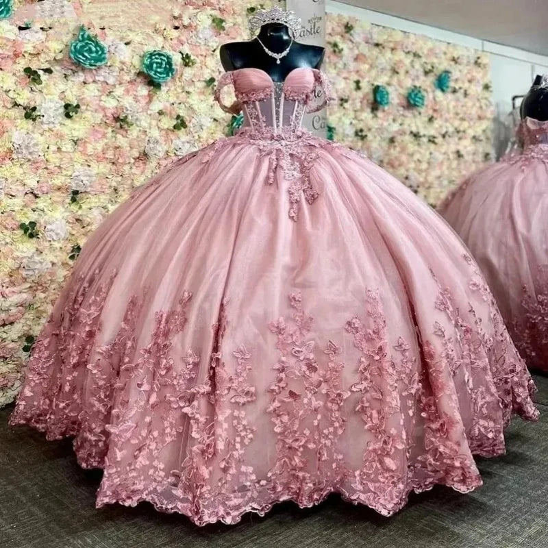 Saudi Arabic Cinderella Women Prom Dresses Off Shoulder Flower Applique Puffy Skirt Vestido De 15 Anos Quinceanera Party Dress