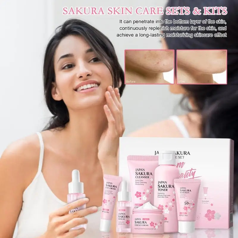 6pcs/box  Facial Products Kit Sakura Skin Care Set Facial Cleanser Face Cream Sunscreen Facial Mask Eye Cream Skincare Product