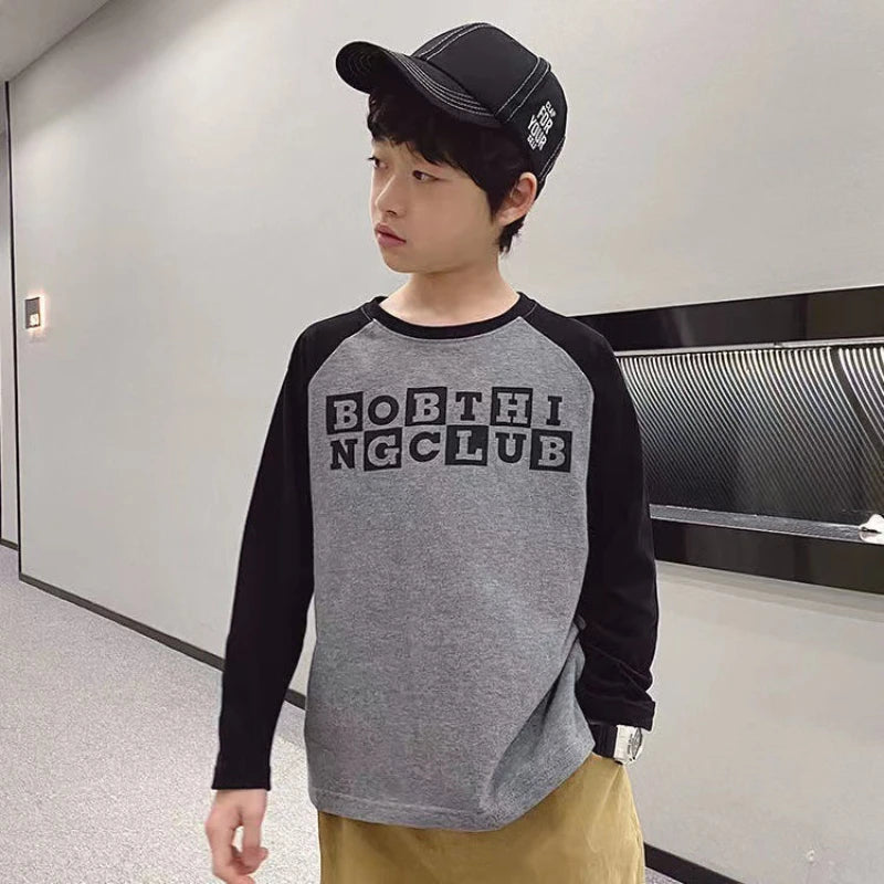 Boys Long Sleeved T-shirt Kids Top Tees Teenagers Letter Printed Pullover 2024 Spring Autumn Children's Clothing Casual