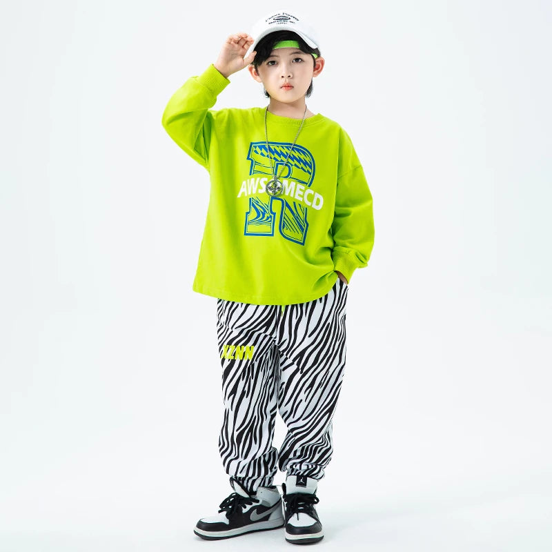 Joggers Pants For Girl Boy Jazz Dance Costume Show Clothes Kids Teenage Outfits Hip Hop Clothing Oversize Green Sweatshirt Zebra