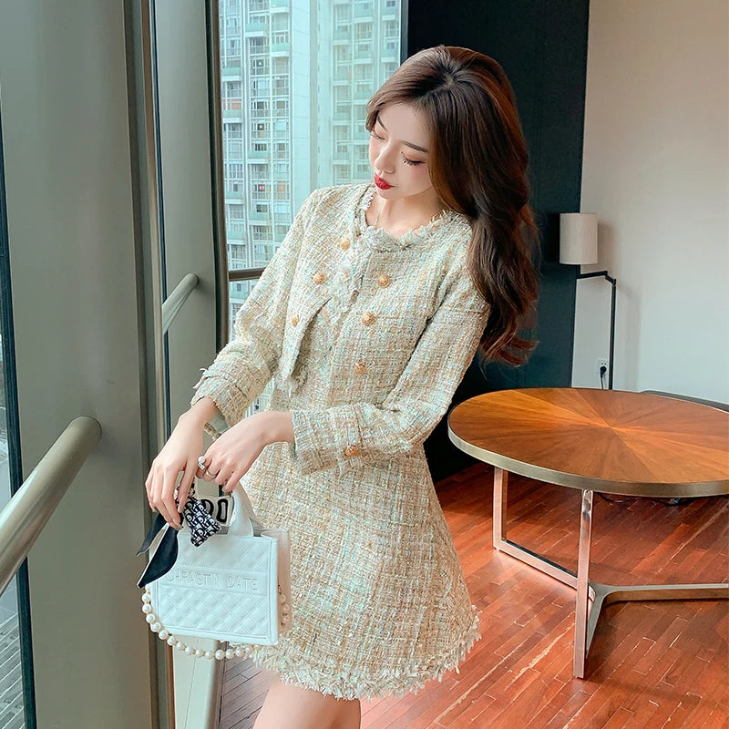 Tweed Jacket +Dress Sleeveless Suit Spring Autumn Women Jacket Fresh Striped O-Neck Vintage Office For Girls 2 Pieces Skirt Suit