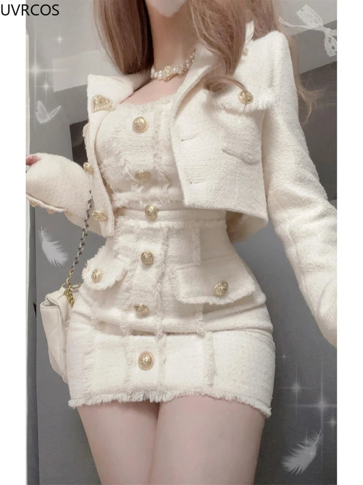 Korean Style Elegant Vintage Two Piece Set Women Sweet Woolen Short Jackets Tassel Design Mini Dress Suit Female Fashion Outfitn