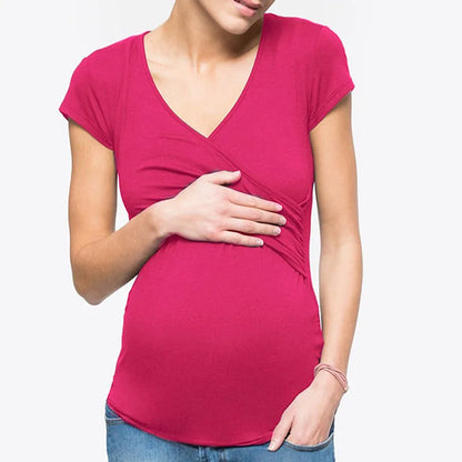 Maternity Clothes For Women Breastfeeding Clothing Short Sleeve T-Shirt Solid V-Neck Pregnant Women's Nursing Tops 2024