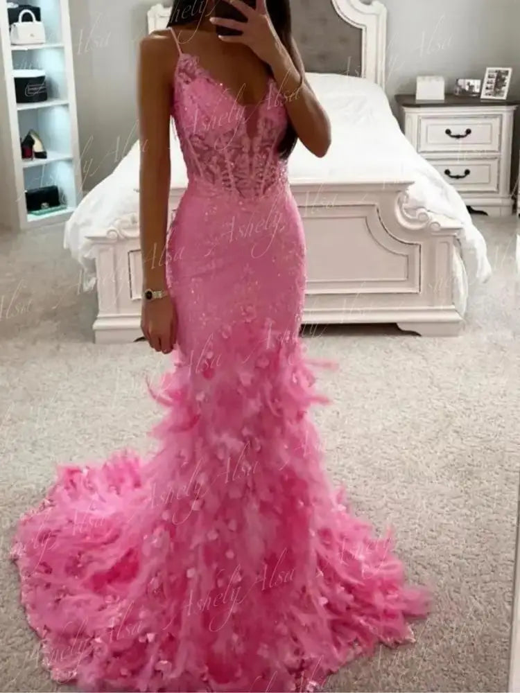 Luxury Pink Meramid Formal Occasion Dresses For Special Events 2024 V Neck Lace Feather Long Women Evening Wedding Party Gown