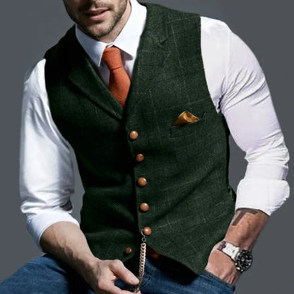 Men's Retro Suit Vest Fashion Plaid Lapel Single-breasted Waistcoat with Pocket Business Casual Formal Vest Tops Men's Clothing