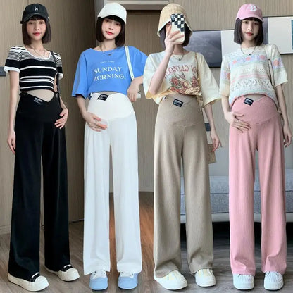 Pregnant Women 2024 Summer Ice Silk Low Waist Wide Leg Mother & Kids Pants (Maternity Clothings  Cross Waist Pants Size M-3XL