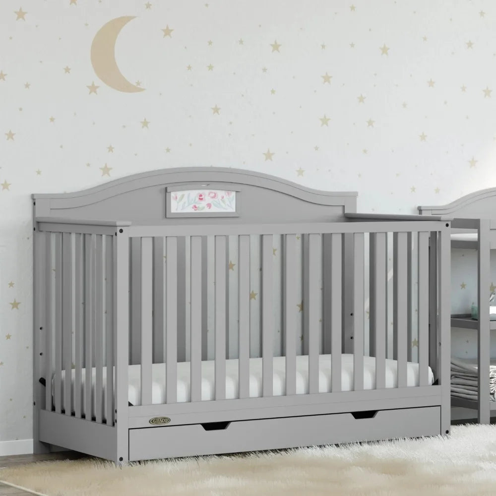 2023 New Graco Story 5-in-1 Convertible Baby Crib with Drawer, Pebble Gray