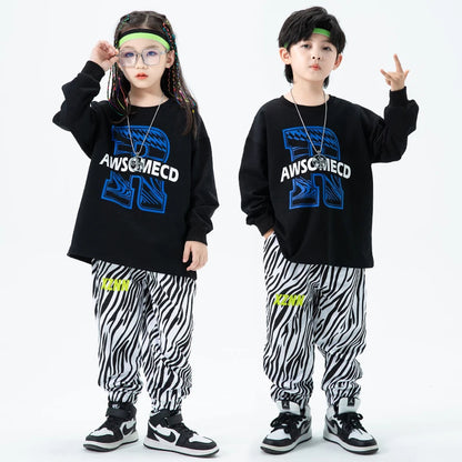 Joggers Pants For Girl Boy Jazz Dance Costume Show Clothes Kids Teenage Outfits Hip Hop Clothing Oversize Green Sweatshirt Zebra