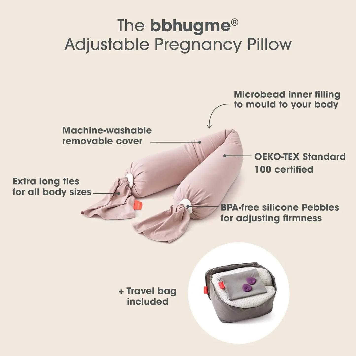 Bbhugme-adjustable pregnancy pillow, full body support for side sleeping, adjustable size and shape