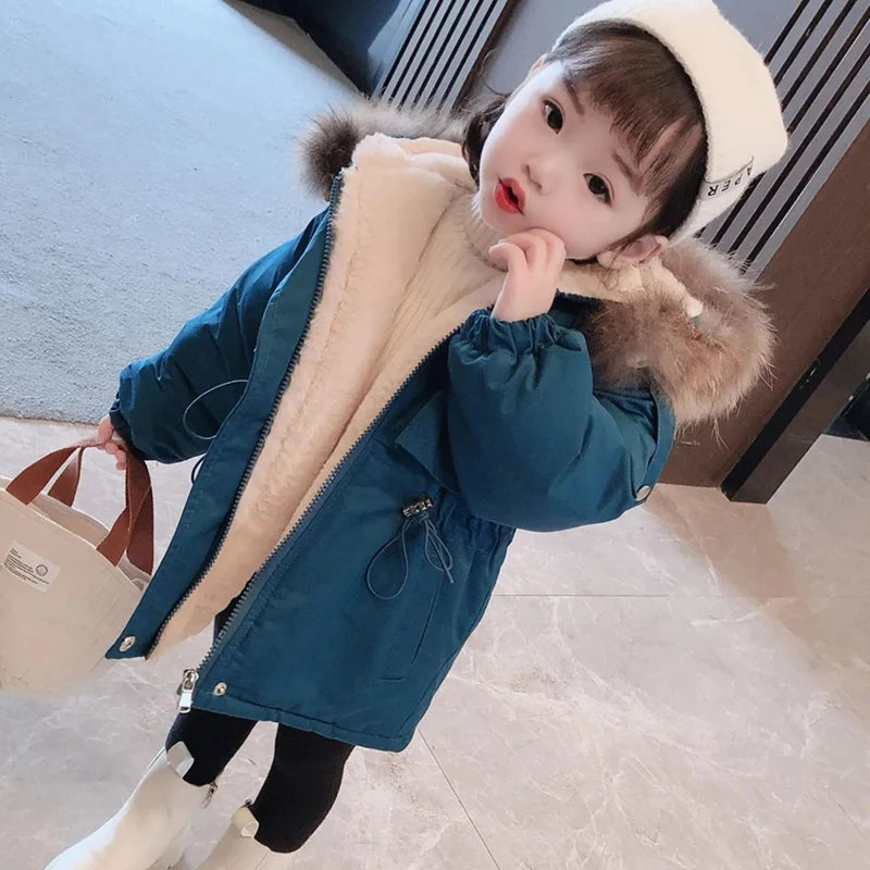 2-8 Years Baby Girls Coat 2024 Hooded Plus Velvet Thicken Warm Winter Kids Jacket Windbreaker Teen Children's Outerwear Clothing