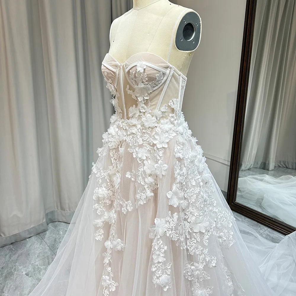 Romantic Popular Design Wedding Dresses For Women 2024 Bride Mesh Strapless A-line Appliques Vestido De Novia QW01868