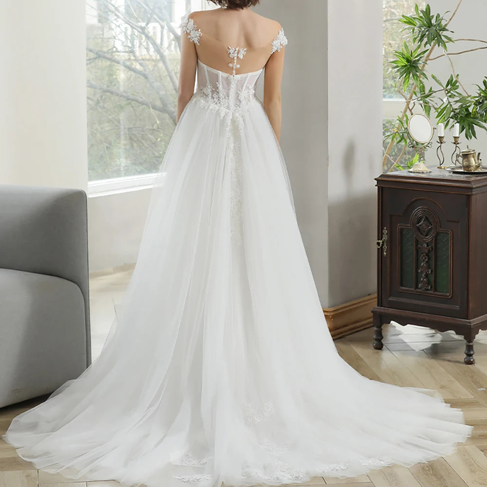 First-rate Factory Wholesale Wedding Dresses For Women 2024 Bride Ball Gown Scoop Illusion Button Vestido De Novia QW01100