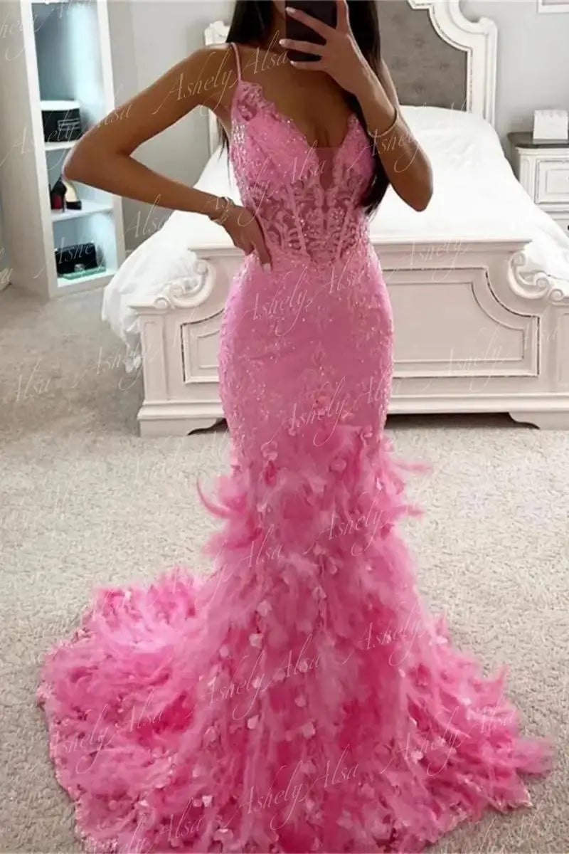 Luxury Pink Meramid Formal Occasion Dresses For Special Events 2024 V Neck Lace Feather Long Women Evening Wedding Party Gown