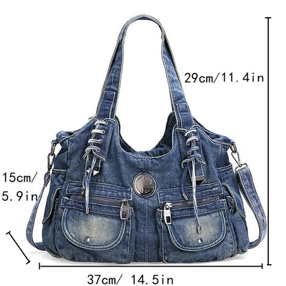 Large Capacity Handbag Casual Hobo Denim Bag Women Shoulder Bag Jeans Multiple Pockets Tote Bag