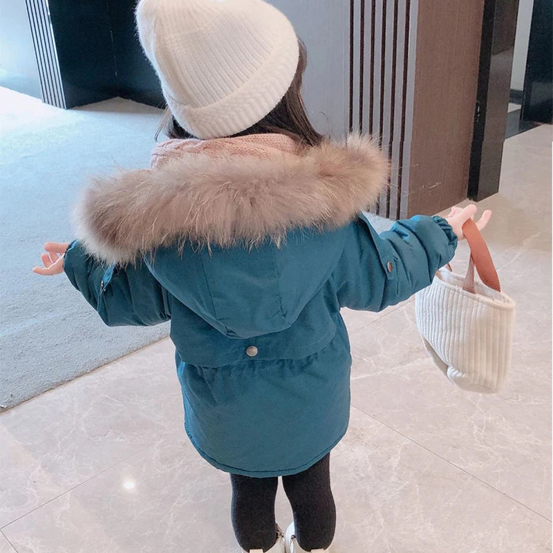 2-8 Years Baby Girls Coat 2024 Hooded Plus Velvet Thicken Warm Winter Kids Jacket Windbreaker Teen Children's Outerwear Clothing