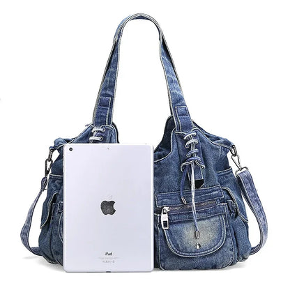 Large Capacity Handbag Casual Hobo Denim Bag Women Shoulder Bag Jeans Multiple Pockets Tote Bag