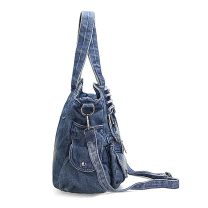 Large Capacity Handbag Casual Hobo Denim Bag Women Shoulder Bag Jeans Multiple Pockets Tote Bag