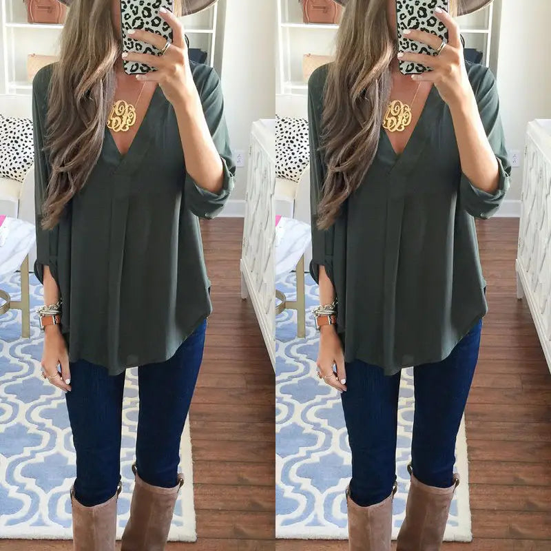 2024 Summer Loose Maternity V-Neck Blouse Long Sleeve Shirt Pullover Tops Chiffon Female Women Solid T-Shirt Streetwear Clothing