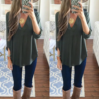 2024 Summer Loose Maternity V-Neck Blouse Long Sleeve Shirt Pullover Tops Chiffon Female Women Solid T-Shirt Streetwear Clothing