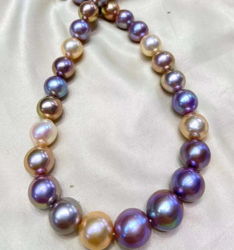 Luxury 17"12-16mm Genuine gold Pink Purple Lavender Round Pearl Necklace Women Jewelry Wedding Party Gift 925 Sterling Silver 18