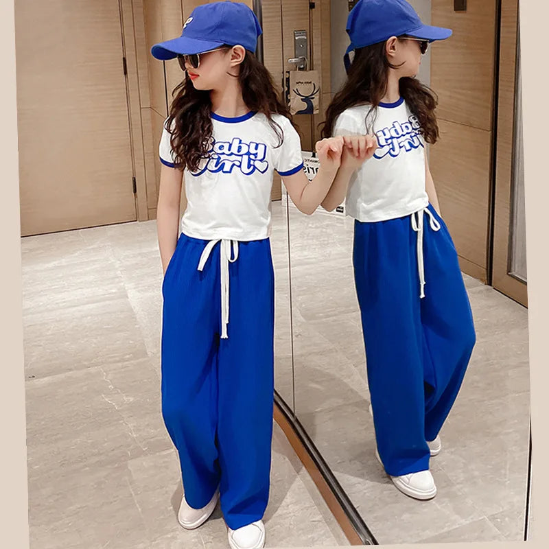 Summer New Fashion Teen Girls Clothing Sets Children Letter Tops + Wide Leg Pants 2Pcs Outfits Kids Tracksuit 4 6 8 10 12 Years