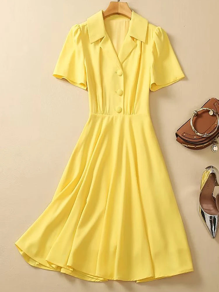 Kate Middleton Princess New Summer High Quality Women'S Yellow Button Office Party Runway Casual Elegant Chic Slim Midi Dress