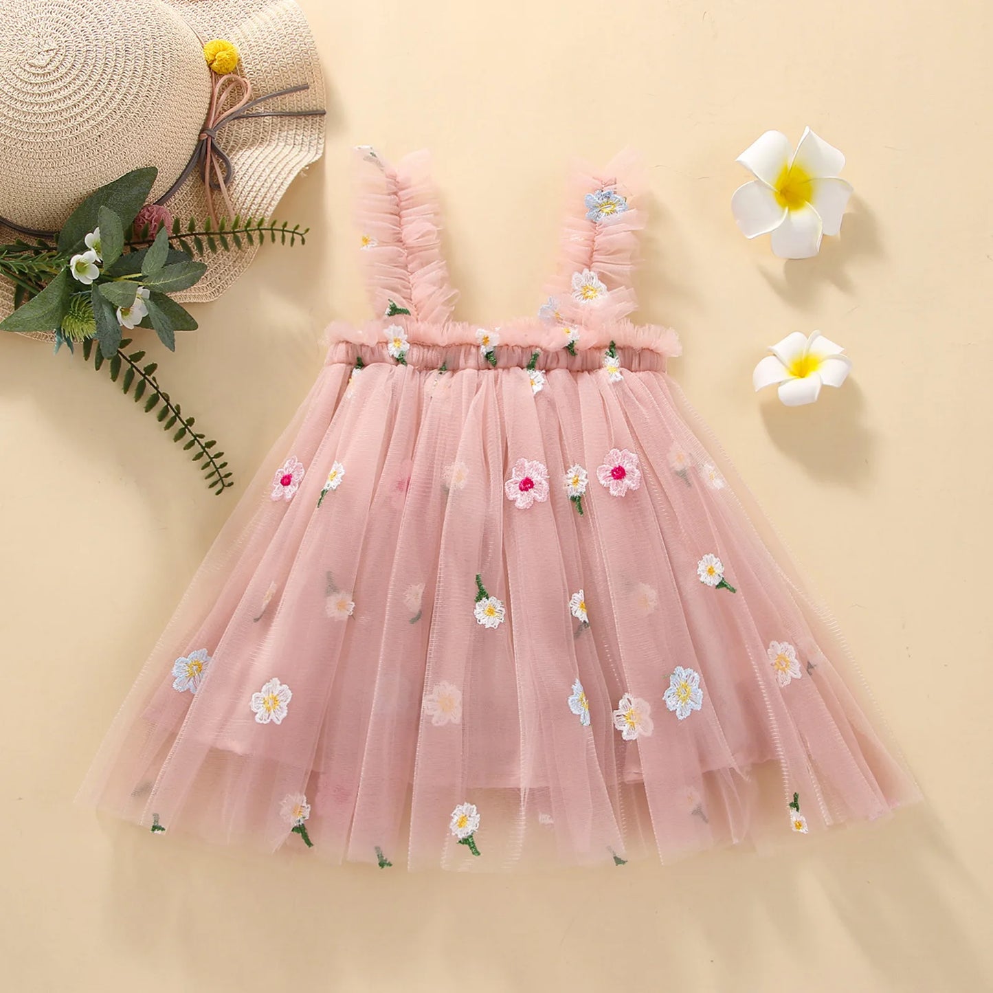 2024 New Baby Girl Clothes Multi Coloured Embroidered Floral Mesh Camisole Cute Baby Girl Dress Party Princess Fluffy Dresses