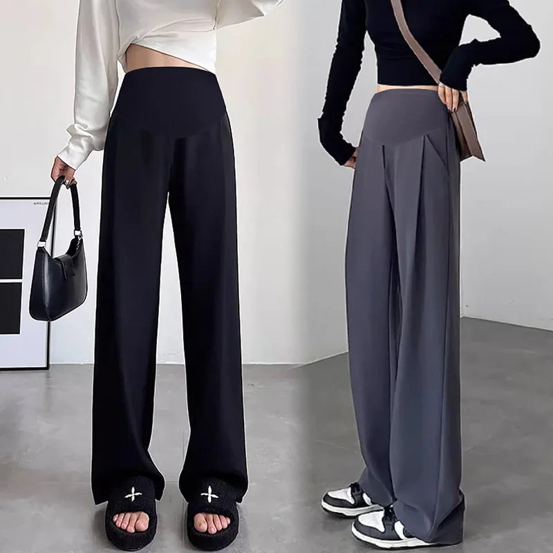 2024 Pregnant Women's Maternity Clothings New Wide Leg Suit Pants Casual Slimming Pants Simple Straight Leg Long Pants Gray