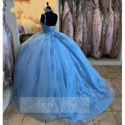 Charming Light Blue Women Prom Special Occasion Dresses V Neck Lace Applique  ballkleider Sweet 16 Birthday Party Quinceanera 15