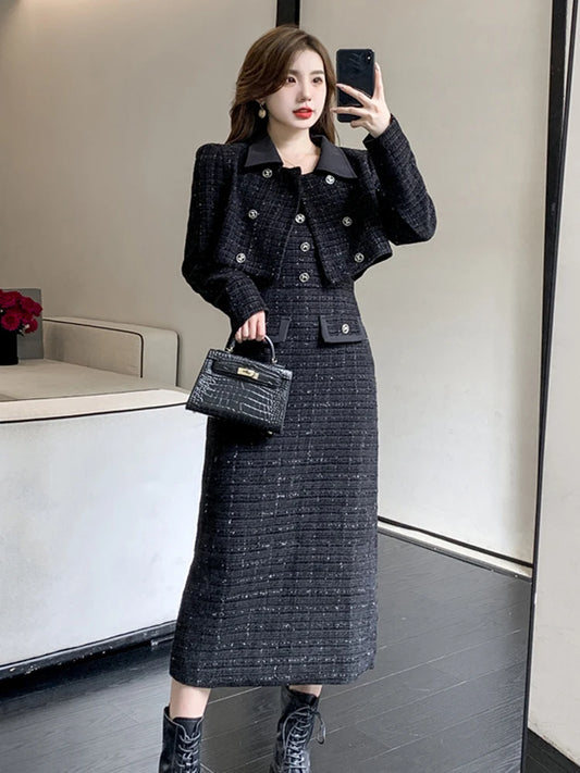 Luxury Tweed Two Piece Set Women Outfits Female Vintage Lapel Short Jacket Coat+Spaghetti Straps Dress Suit Fall Winter Woolen S