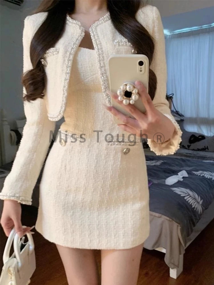 White France Vintage Two Piece Set Women Korean Designer Slim Party Dress Suit Female Short Sweet Coat＋Elegant Strap Dress 2024