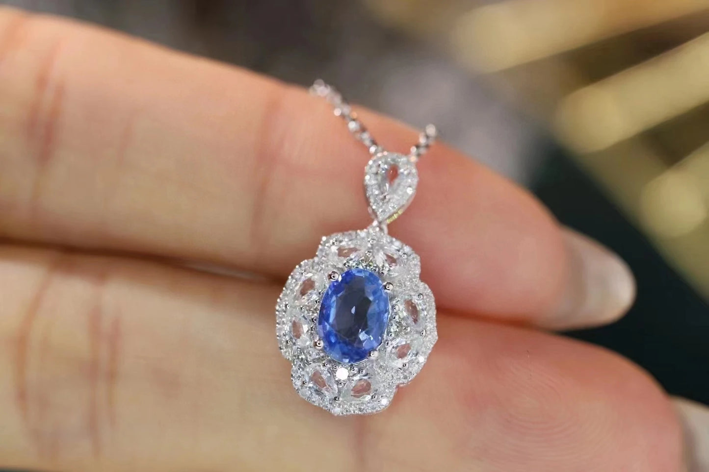 XCL FASHION 18K CARAT SAPPHIRE&DIAMOND PENDANT NECKLACE FINE JEWELRY FOR PARTY WEDDING DAILY WEAR GIFT