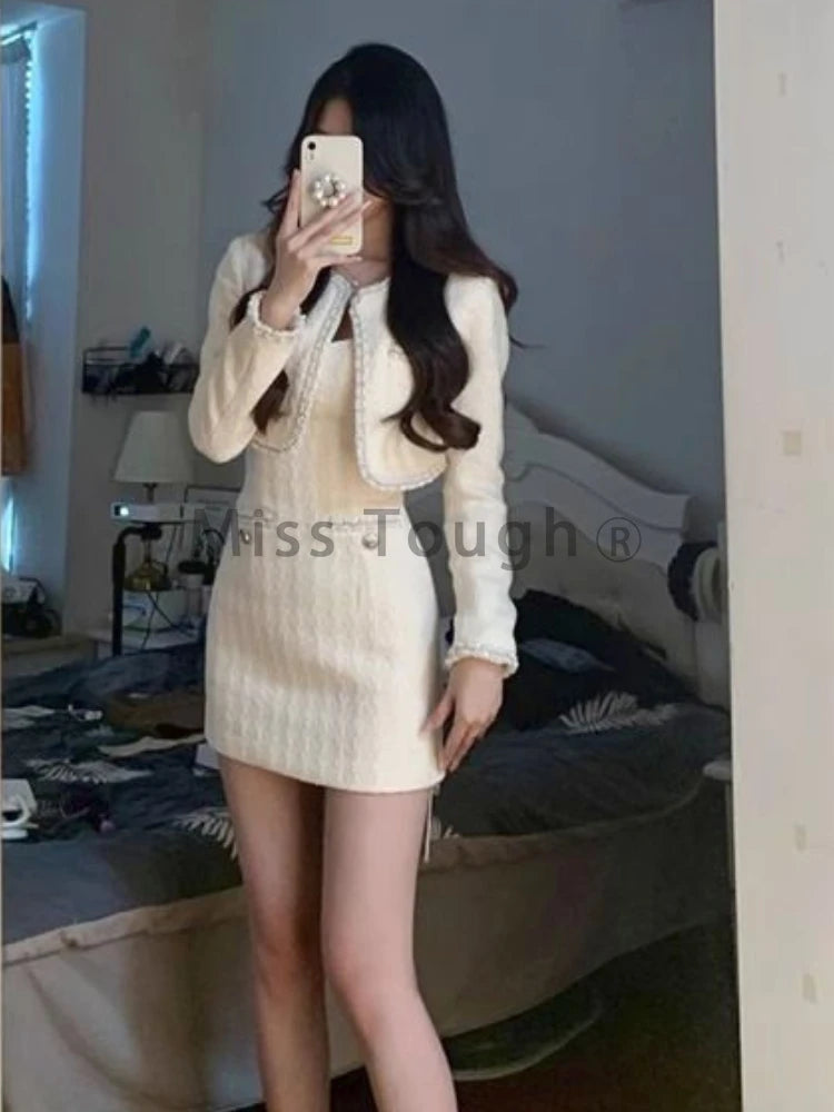 White France Vintage Two Piece Set Women Korean Designer Slim Party Dress Suit Female Short Sweet Coat＋Elegant Strap Dress 2024