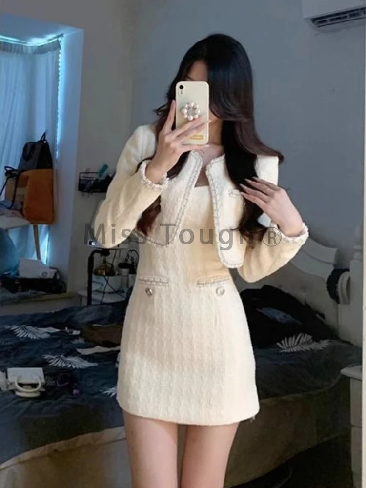 White France Vintage Two Piece Set Women Korean Designer Slim Party Dress Suit Female Short Sweet Coat＋Elegant Strap Dress 2024