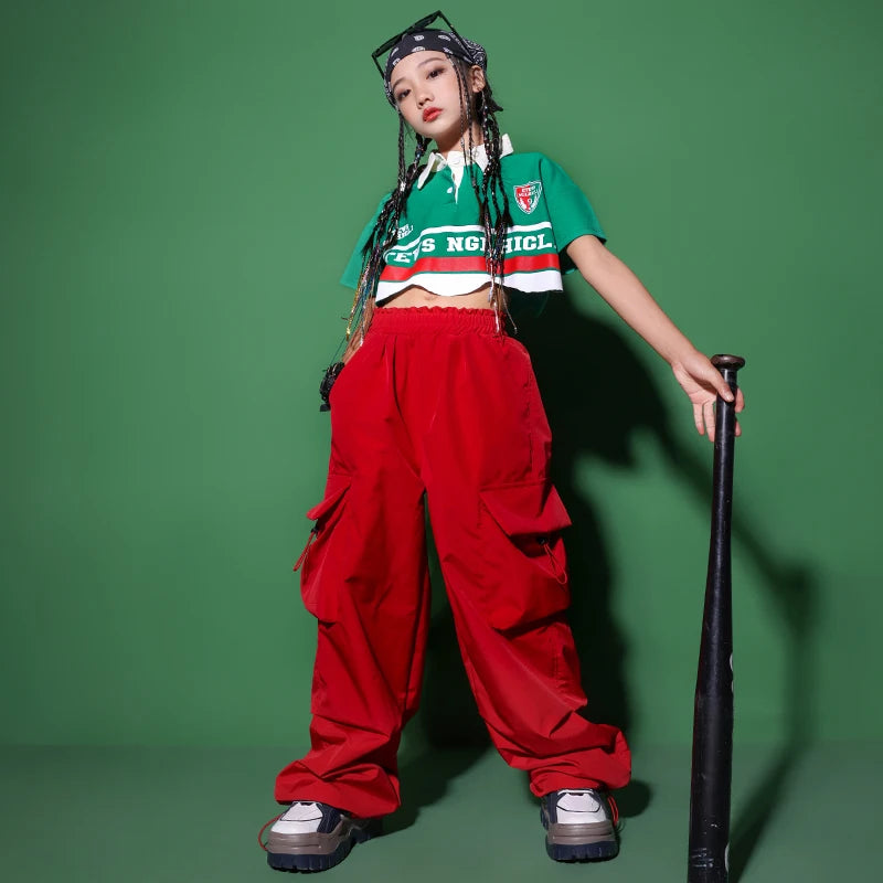 Kids Cometitions Hip Hop Clothing Crop Polo Tshirt Red Baggy Cargo Pants For Girls Jazz Showing Dance Costume Teenage Clothes